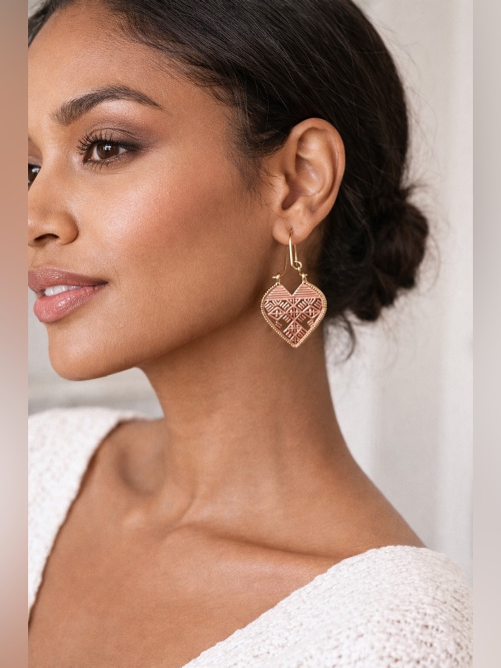 Boho Pink Heart Dangle Earrings Gold Tone Artisan Festival
